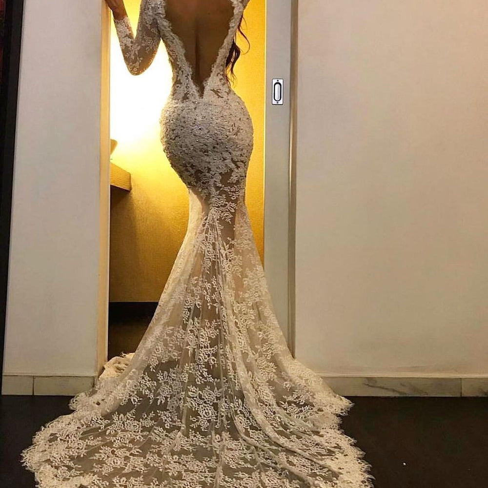 Long Sleeves White Mermaid V-neck Lace Formal Prom Dress with Slit BIZTUNNEL Long Sleeves White Mermaid V-neck Lace Formal Prom Dress with Slit BIZTUNNEL