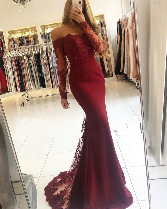 Long Strapless Lace Mermaid Burgundy Prom Dresses with Sleeves-BIZTUNNEL