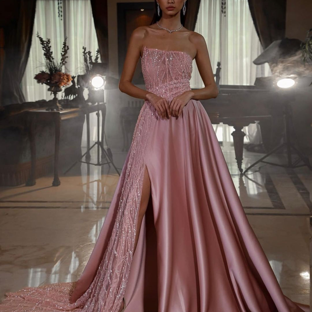 
                  
                    Pink Strapless Sleeveless Sequins A-Line Prom Dress with Split
                  
                