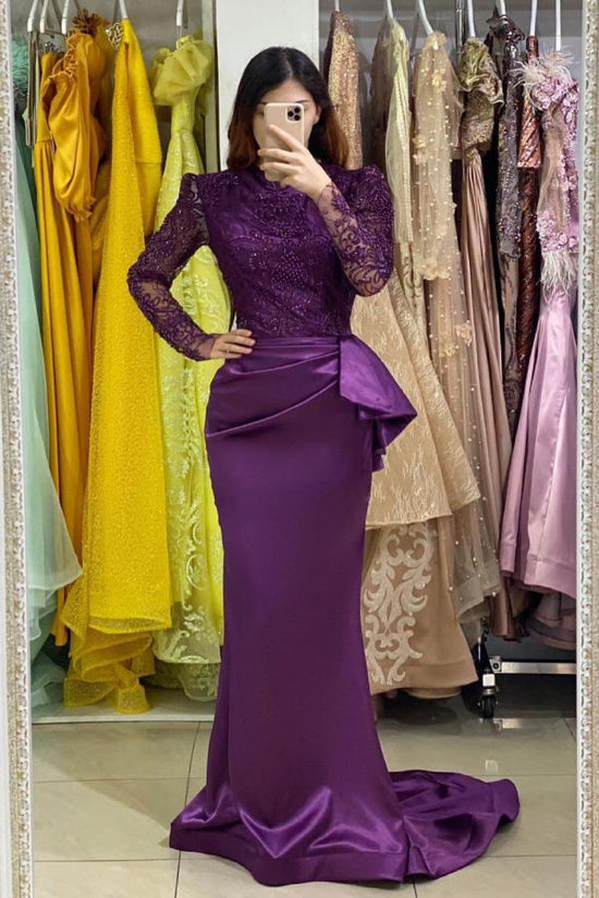 Long Stretch Satin Jewel Lace Mermaid Prom Dress with Sleeves-BIZTUNNEL