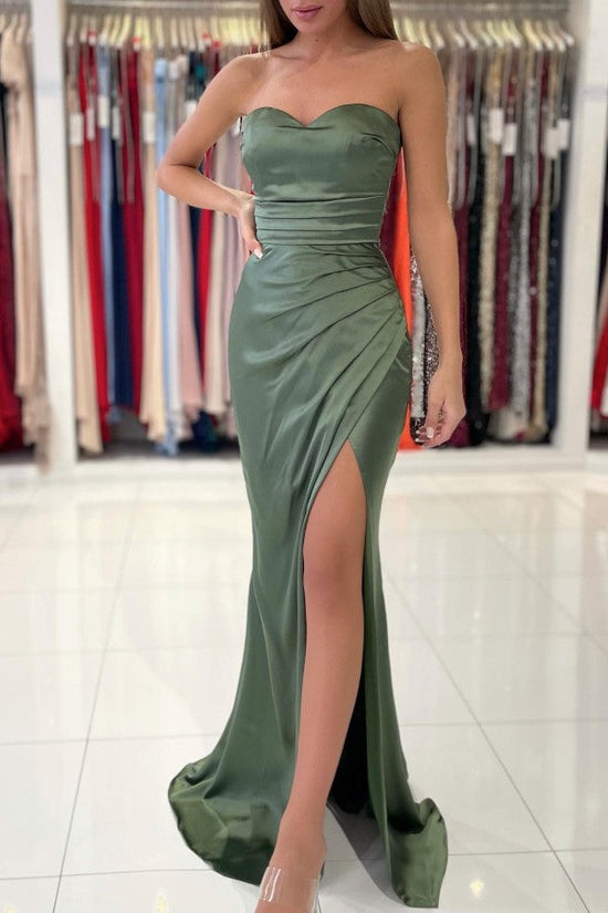 Long Sweetheart Stretch Satin Mermaid Prom Dresses with Slit-BIZTUNNEL