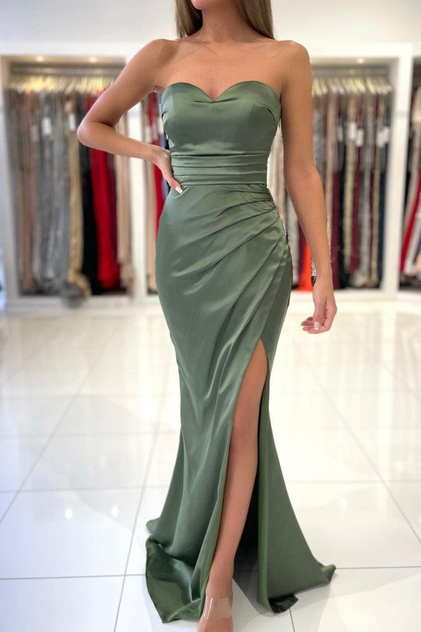 Long Sweetheart Stretch Satin Mermaid Prom Dresses with Slit-BIZTUNNEL