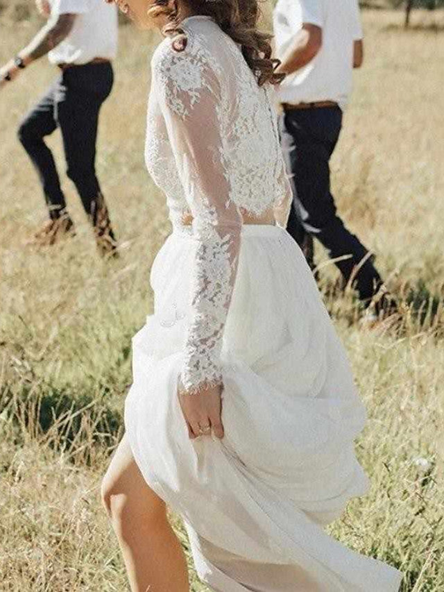 White Casual Wedding Dress Chiffon Jewel Neck Short Sleeves Sash A-Line Long Bridal Gowns