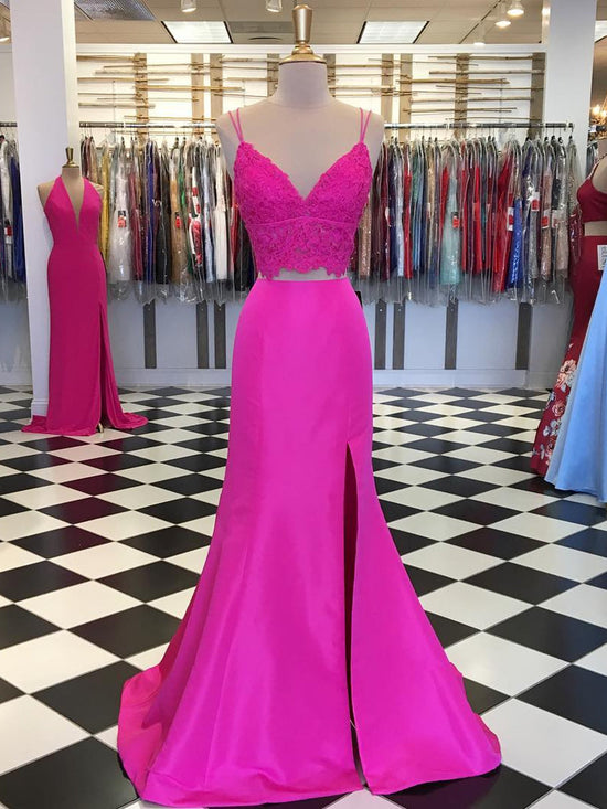 Long Two Pieces Mermaid V Neck Satin Lace Fuchsia Prom Dresses with Leg Slit-BIZTUNNEL