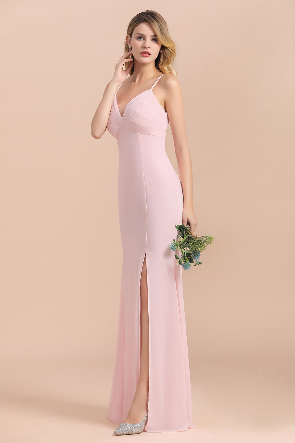 Long V-neck A-Line Chiffon Pink Bridesmaid Dress With Slit-BIZTUNNEL