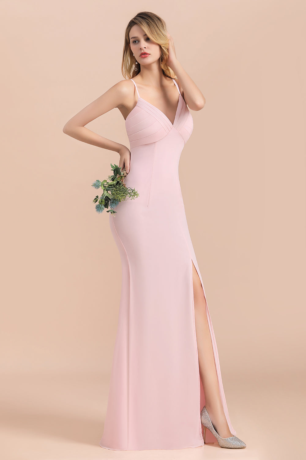 Long V-neck A-Line Chiffon Pink Bridesmaid Dress With Slit-BIZTUNNEL