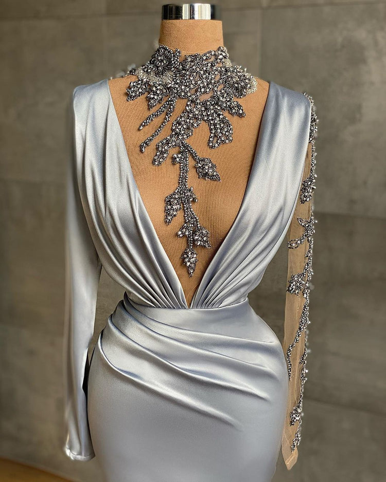 Vintage Long Mermaid V-neck Beading Satin Prom Dress with Sleeves