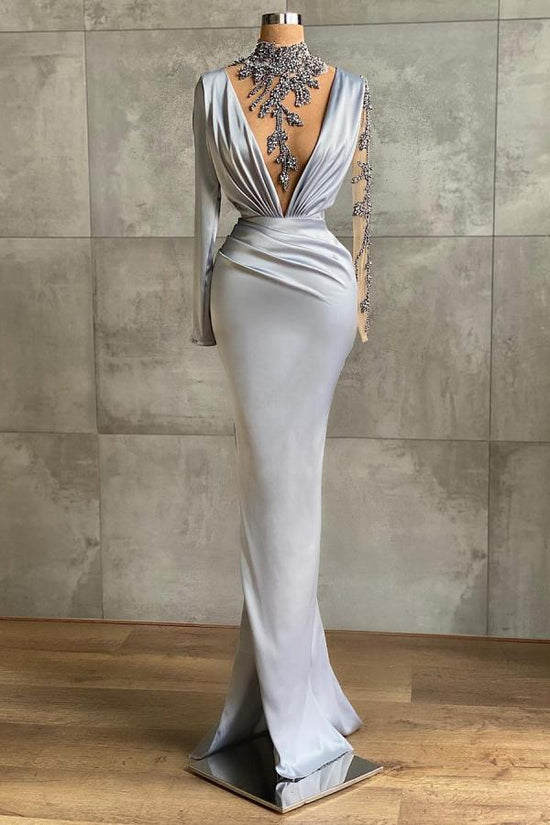 Charger l&amp;#39;image dans la galerie, Long V-neck Beading Satin Mermaid Evening Dress with Sleeves-BIZTUNNEL

