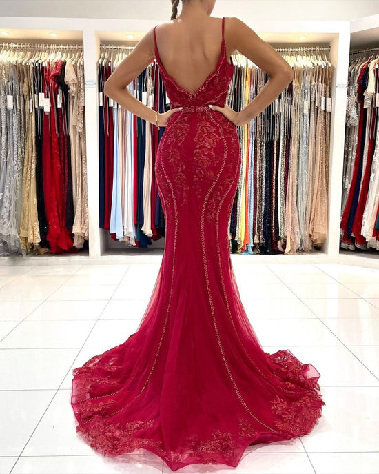 Long V-neck Tulle Lace Open Back Mermaid Prom Dress with Glitter-BIZTUNNEL