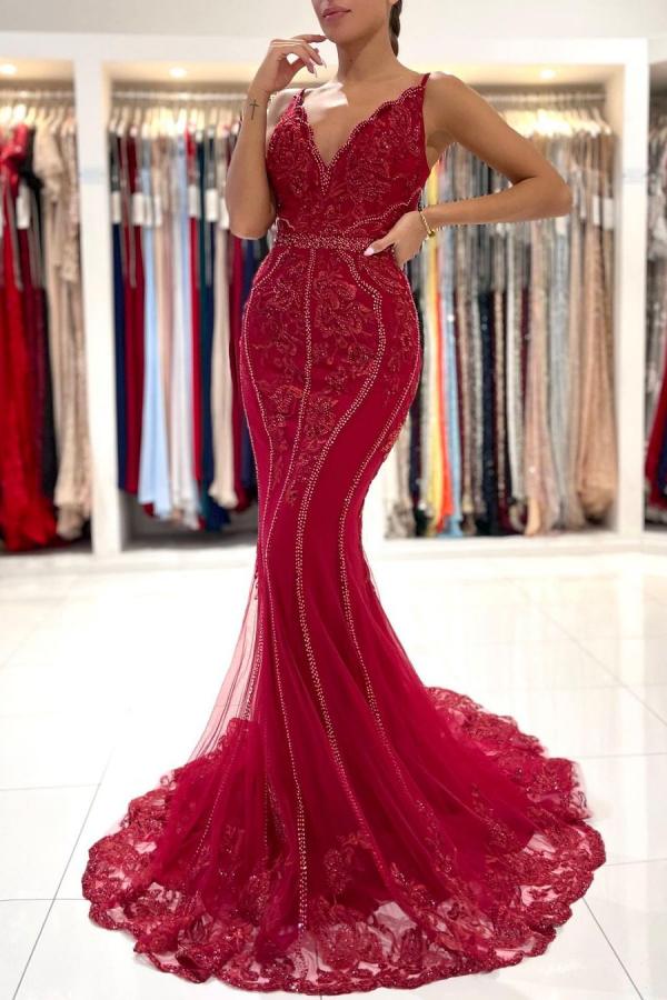 Charger l&amp;#39;image dans la galerie, Long V-neck Tulle Lace Open Back Mermaid Prom Dress with Glitter-BIZTUNNEL
