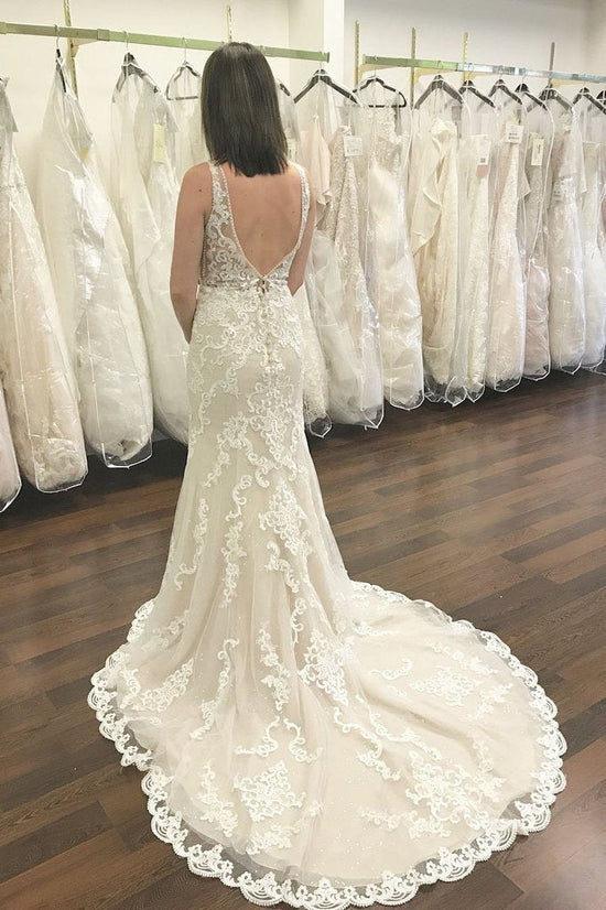 Long V-neck Wide Straps Lace Open Back Mermaid Wedding Dress-BIZTUNNEL