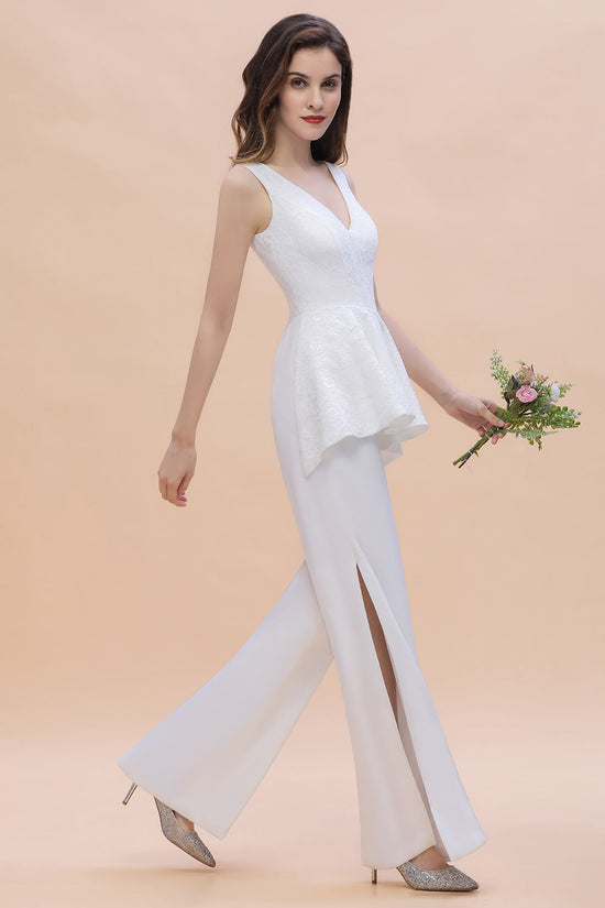 Load image into Gallery viewer, Long White V-neck Chifffon Bridesmaid Dress Jumpsuit With Sash-BIZTUNNEL
