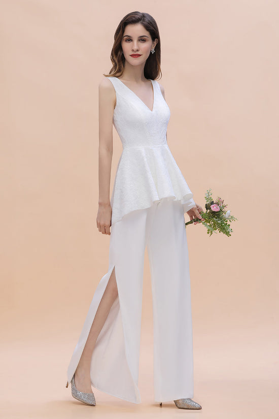 Carregar imagem no visualizador da galeria, Long White V-neck Chifffon Bridesmaid Dress Jumpsuit With Sash-BIZTUNNEL
