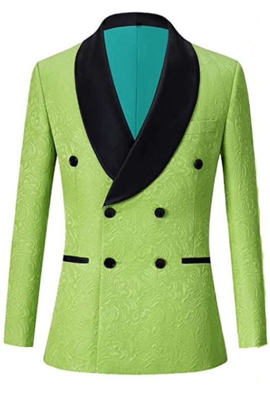 Louis Modern Green Double Breasted Jacquard Wedding Suits With Black Velvet Shawl Lapel
