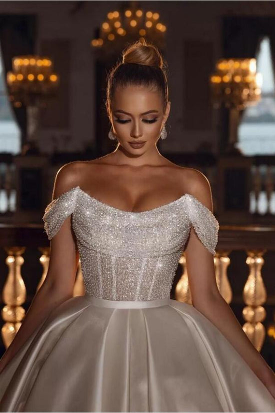 Charger l&amp;#39;image dans la galerie, Luxurious Long Ball Gown Off The Shoulder Sparkly Sequins Satin Wedding Dress-BIZTUNNEL
