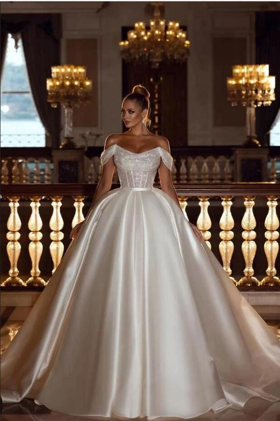 Luxurious Long Ball Gown Off The Shoulder Sparkly Sequins Satin Wedding Dress-BIZTUNNEL