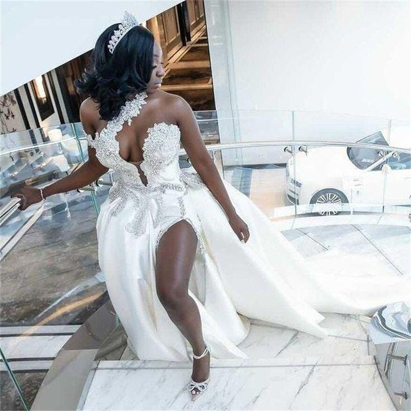 Carregar imagem no visualizador da galeria, Luxurious Long Mermaid One Shoulder Satin Beading Wedding Dress With Detachable Train-BIZTUNNEL
