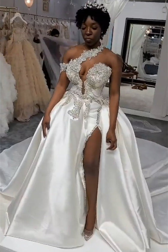 Luxurious Long Mermaid One Shoulder Satin Beading Wedding Dress With Detachable Train-BIZTUNNEL