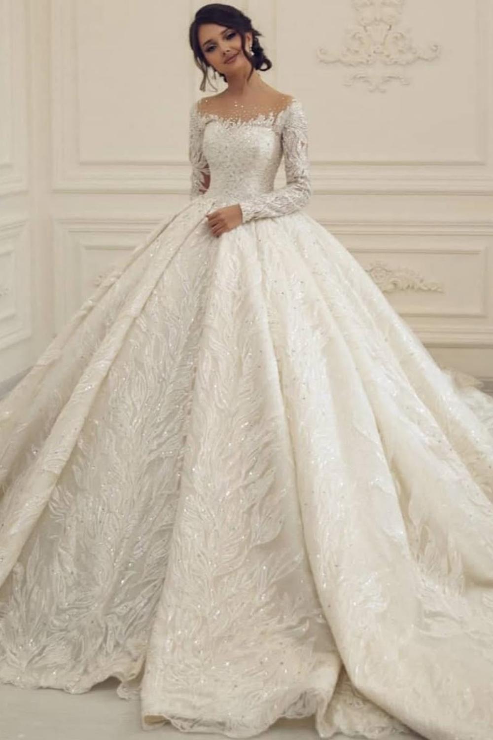 Biztunnel Luxurious Off-the-Shoulder Long Sleeves Ball Gown Wedding Dress