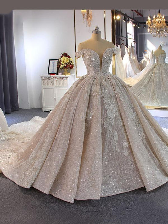 Luxury Ball Gown Off-the-Shoulder Beading Wedding Dresses With Train-BIZTUNNEL