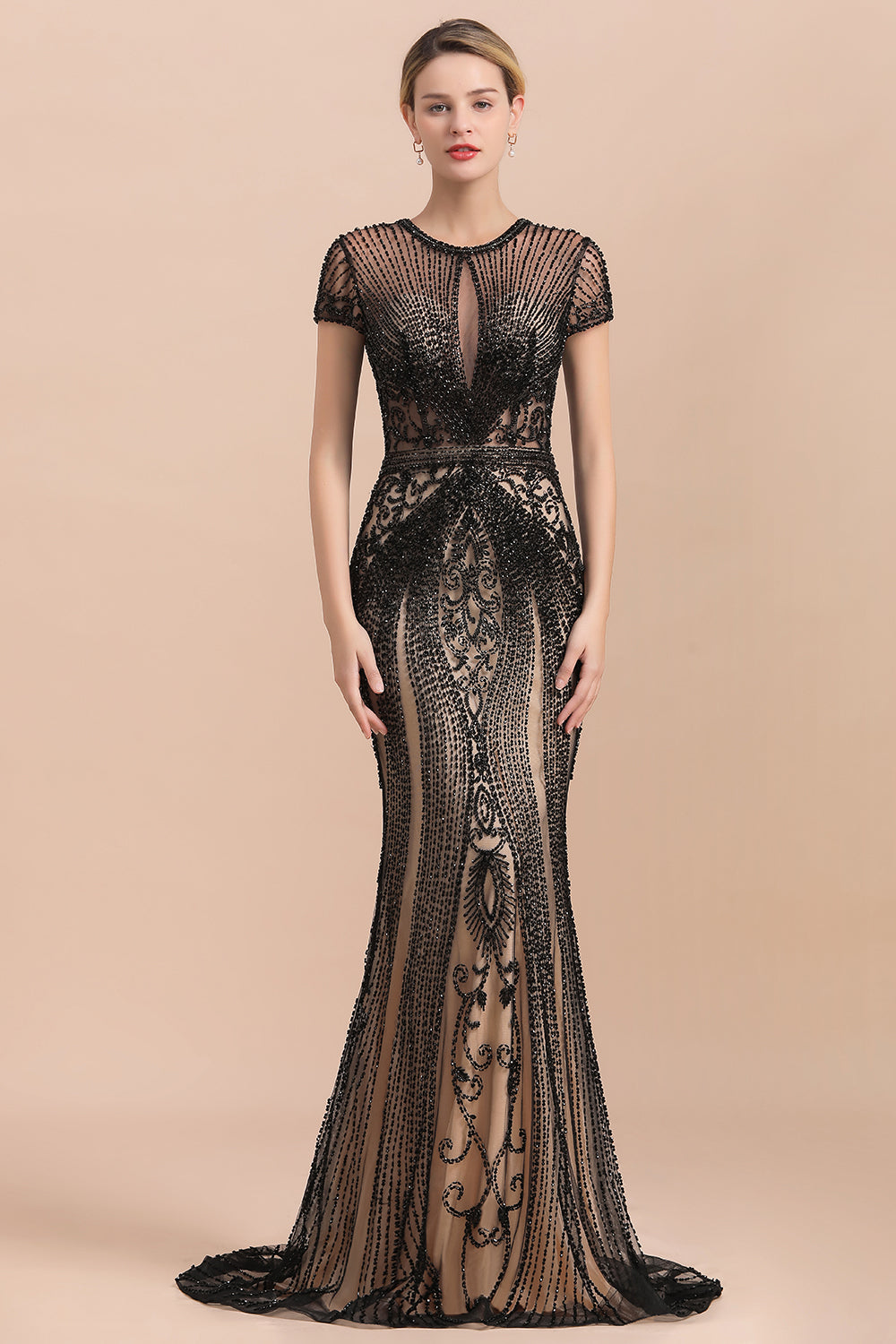 Luxury Black Long Mermaid Beaded Prom Dresses with Sleeves-BIZTUNNEL