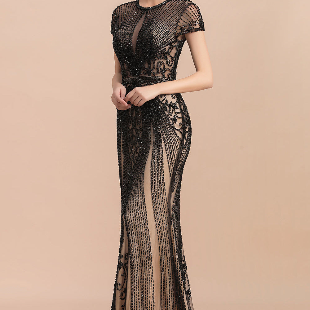 Luxury Black Long Mermaid Beaded Prom Dresses with Sleeves BIZTUNNEL Luxury Black Long Mermaid Beaded Prom Dresses with Sleeves BIZTUNNEL