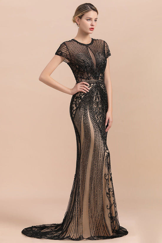 Load image into Gallery viewer, Luxury Black Long Mermaid Beaded Prom Dresses with Sleeves-BIZTUNNEL
