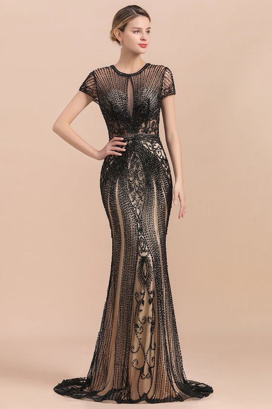 Laden Sie das Bild in den Galerie-Viewer, Luxury Black Long Mermaid Beaded Prom Dresses with Sleeves-BIZTUNNEL
