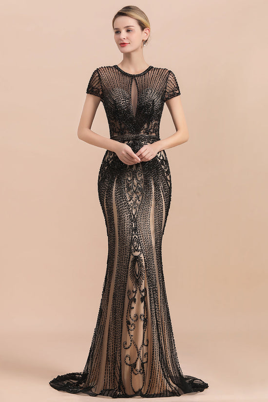 Cargar imagen en el visor de la Galería, Luxury Black Long Mermaid Beaded Prom Dresses with Sleeves-BIZTUNNEL

