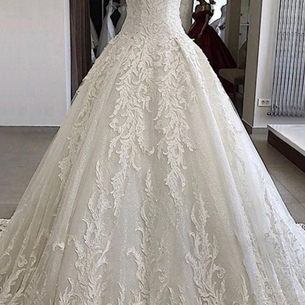 Luxury Long A-line Off the Shoulder Applique Lace Wedding Dress-BIZTUNNEL
