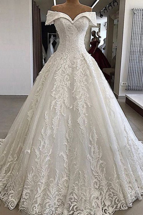 Luxury Long A-line Off the Shoulder Applique Lace Wedding Dress-BIZTUNNEL