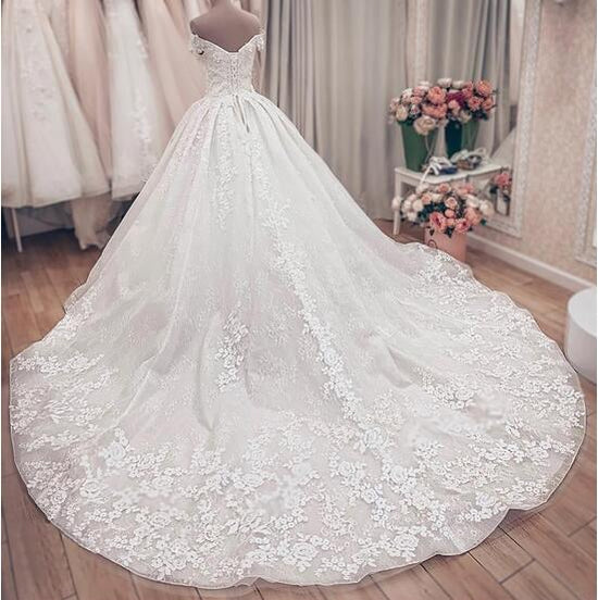 Charger l&amp;#39;image dans la galerie, Luxury Long A-Line Off the Shoulder Lace Wedding Dresses-BIZTUNNEL
