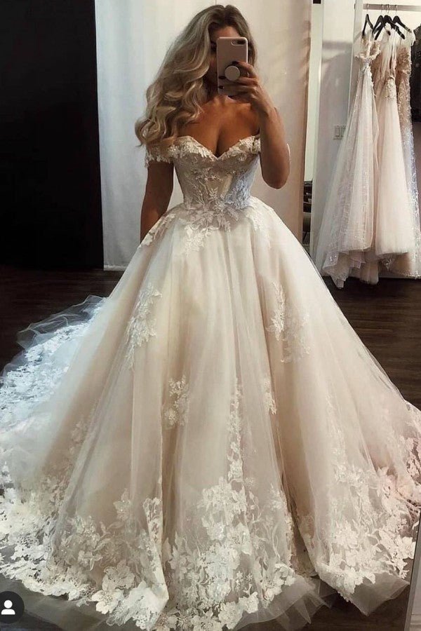 Luxury Long A-line Off-the-shoulder Tulle Lace Wedding Dress-BIZTUNNEL