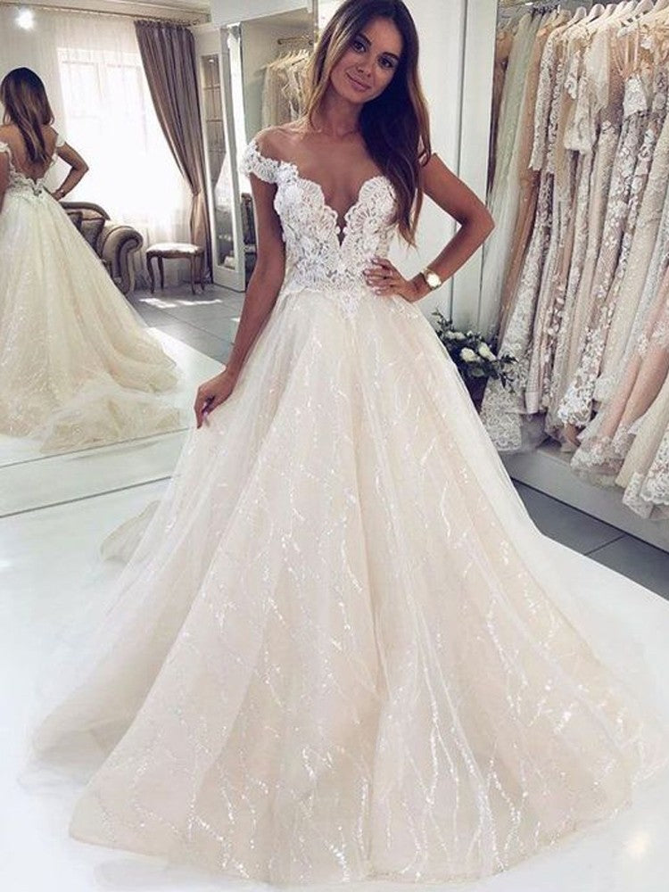 Luxury Long A-line Off-the-shoulder Tulle Open Back Glitter Wedding Dress-BIZTUNNEL