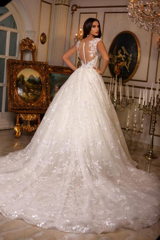 Luxury Long A-line Sweetheart Tulle Lace Open Back Wedding Dresses-BIZTUNNEL