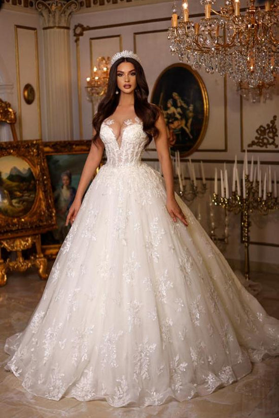 Luxury Long A-line Sweetheart Tulle Lace Open Back Wedding Dresses-BIZTUNNEL