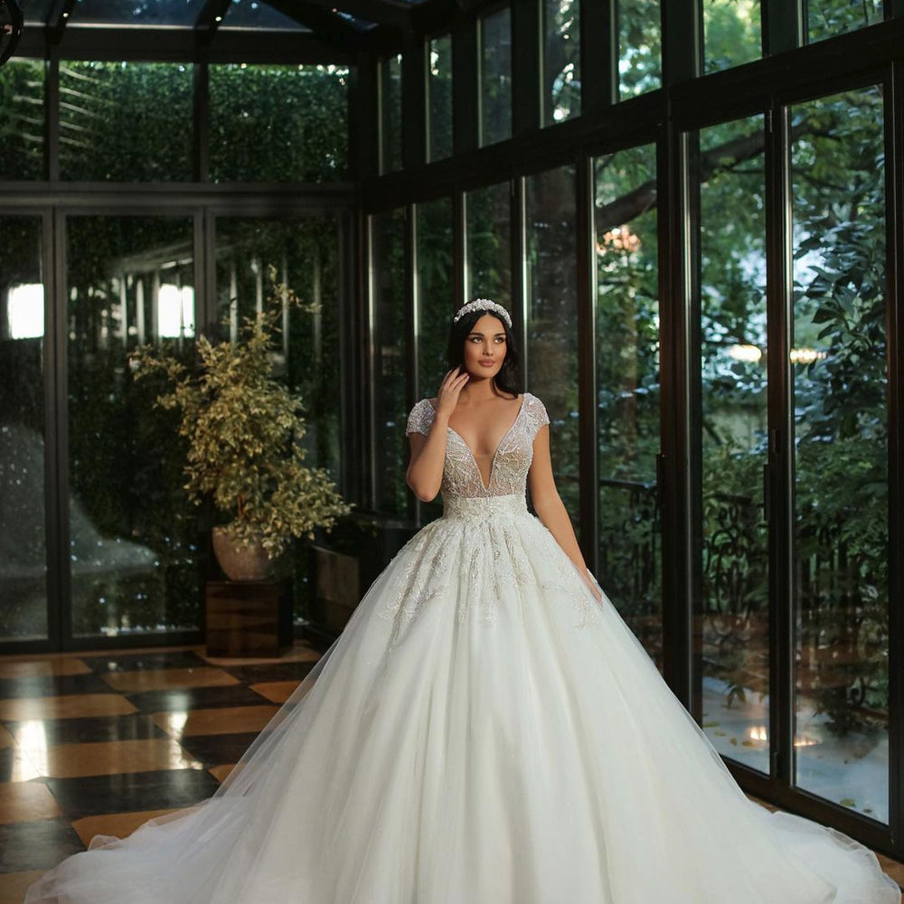 Luxury Long A-line V-neck Beads Tulle Glitter Wedding Dress with Cap Sleeves Luxury Long A-line V-neck Beads Tulle Glitter Wedding Dress with Cap Sleeves