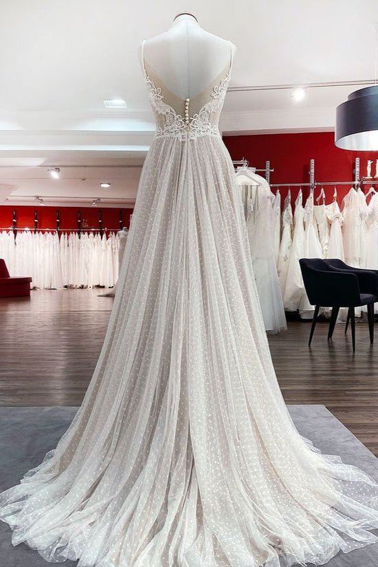 Luxury Long A-line V-neck Tulle Open Back Lace Wedding Dress-BIZTUNNEL
