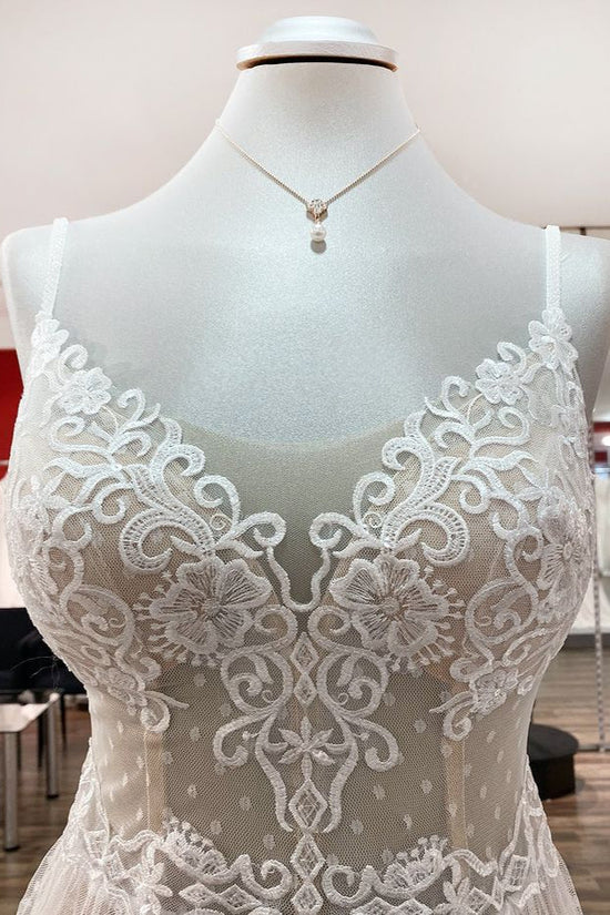Luxury Long A-line V-neck Tulle Open Back Lace Wedding Dress-BIZTUNNEL