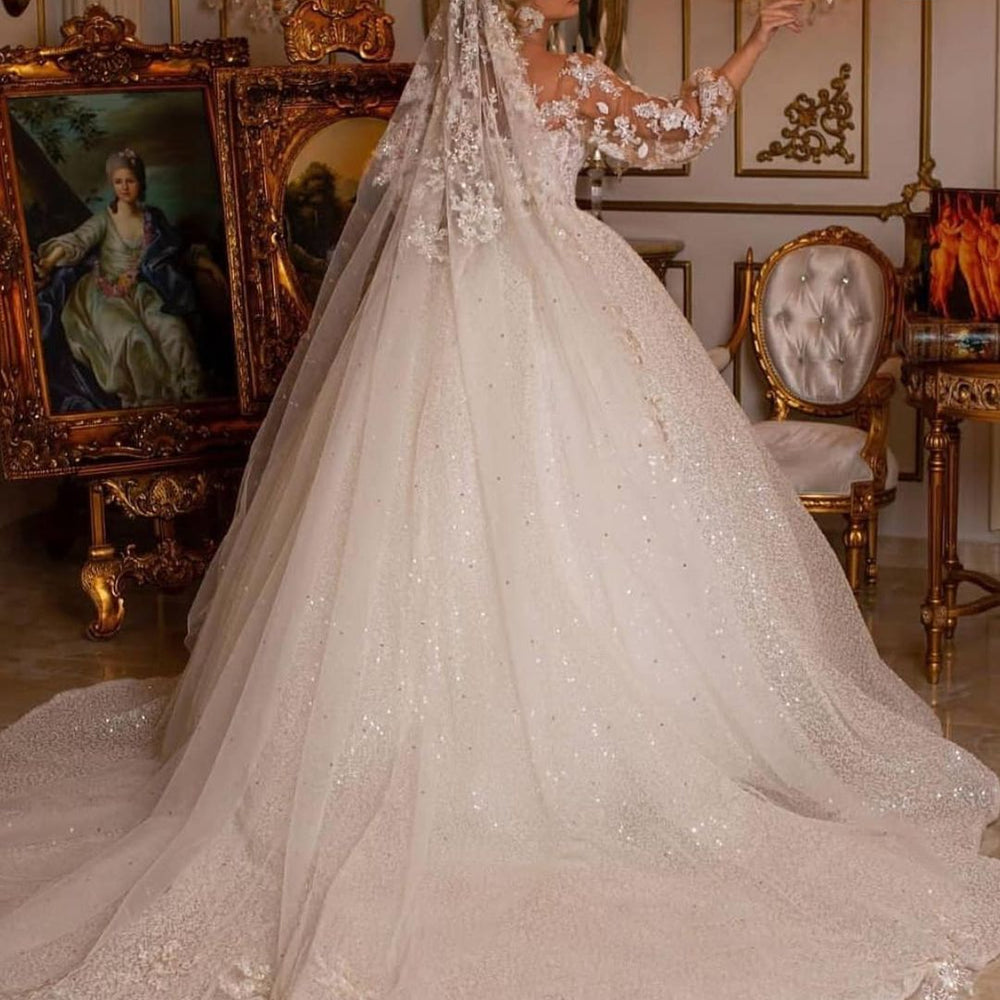 Luxury Long Ball Gown Glitter Wedding Dress with Puffy Sleeves Luxury Long Ball Gown Glitter Wedding Dress with Puffy Sleeves