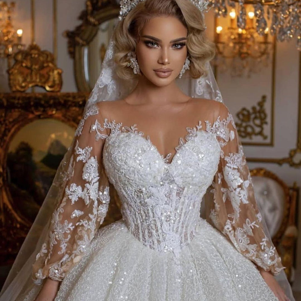 Luxury Long Ball Gown Glitter Wedding Dress with Puffy Sleeves Luxury Long Ball Gown Glitter Wedding Dress with Puffy Sleeves