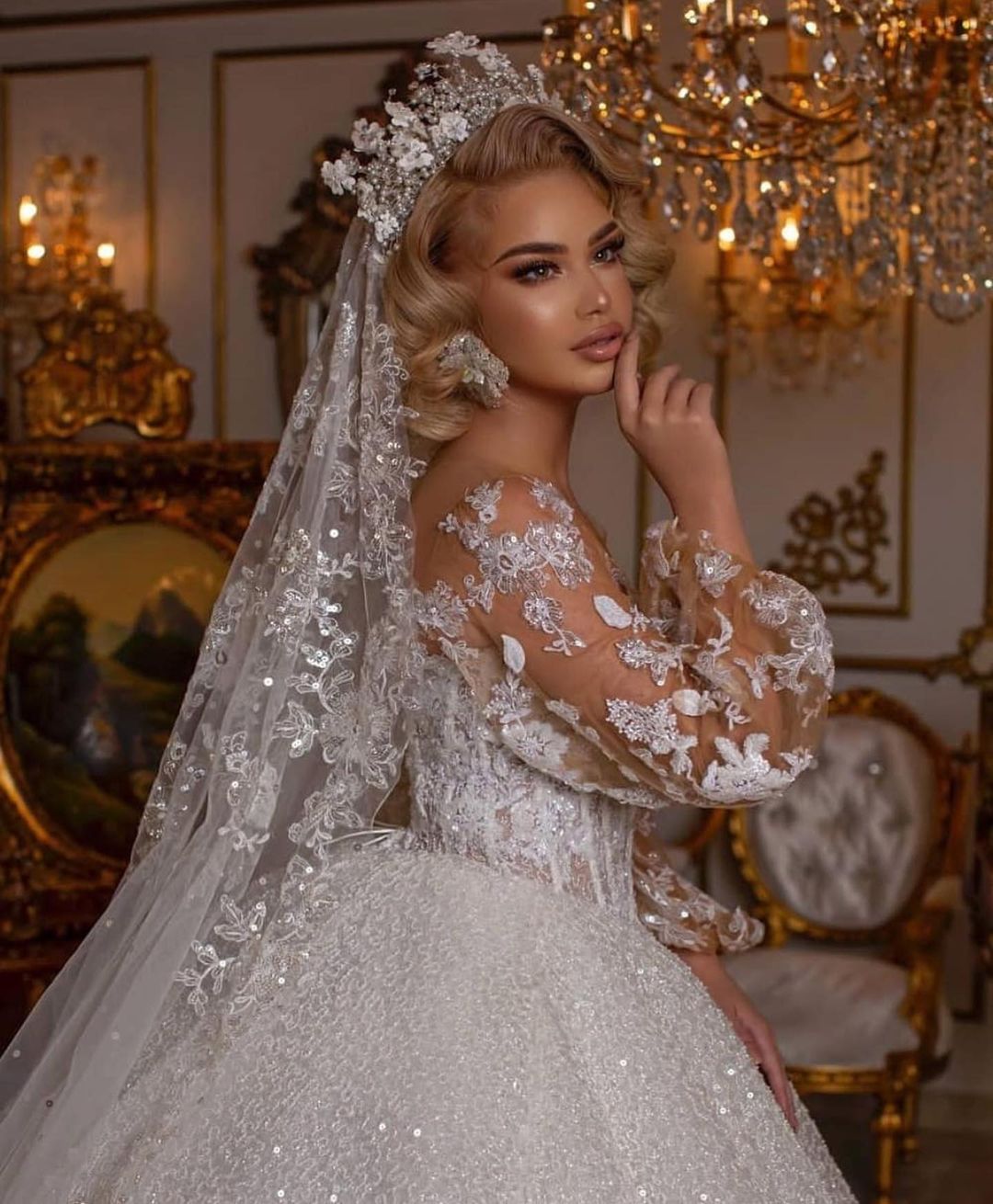 Luxury Long Ball Gown Glitter Wedding Dress with Puffy Sleeves Luxury Long Ball Gown Glitter Wedding Dress with Puffy Sleeves
