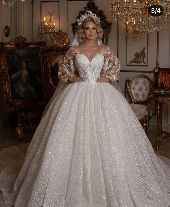 Queen style sleeves sparkly beaded bodice white ballgown wedding dress with  glitter tulle - various styles