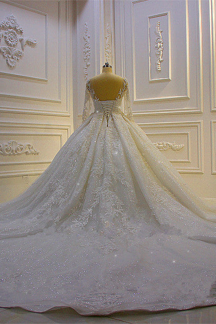 Charger l&amp;#39;image dans la galerie, Luxury Long Ball Gown Lace Appliques Wedding Dress with Sleeves-BIZTUNNEL
