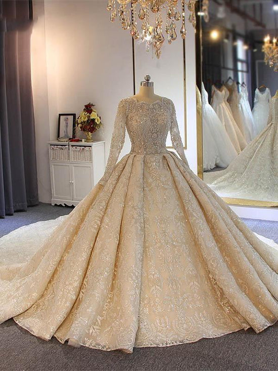 Luxury Long Ball Gown Lace Beading Wedding Dresses with Sleeves-BIZTUNNEL