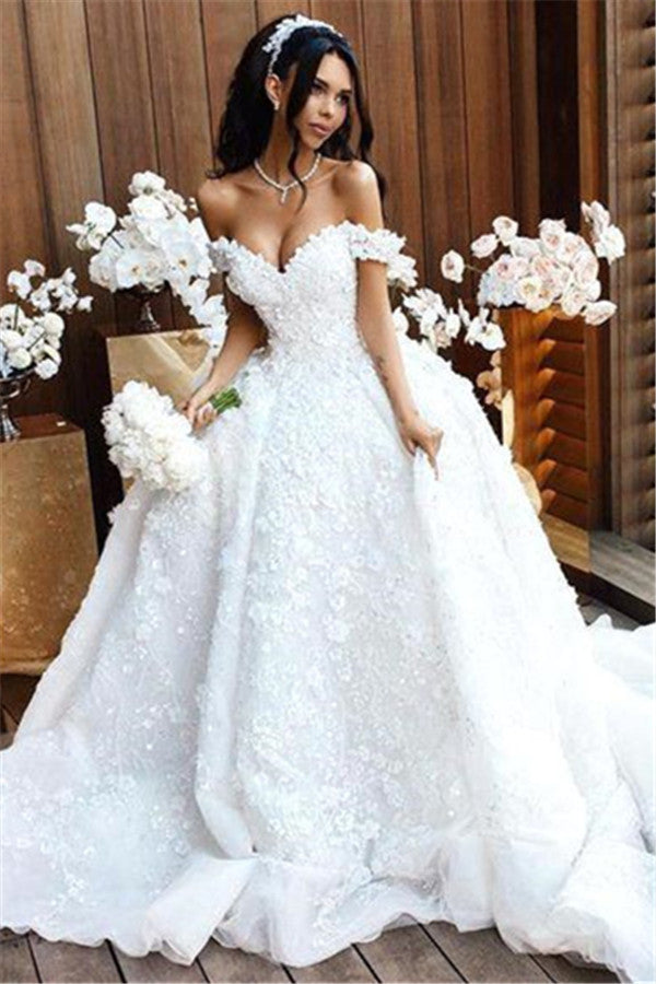 Luxury Long Ball Gown Off The Shoulder Appliques Lace Wedding Dresses-BIZTUNNEL