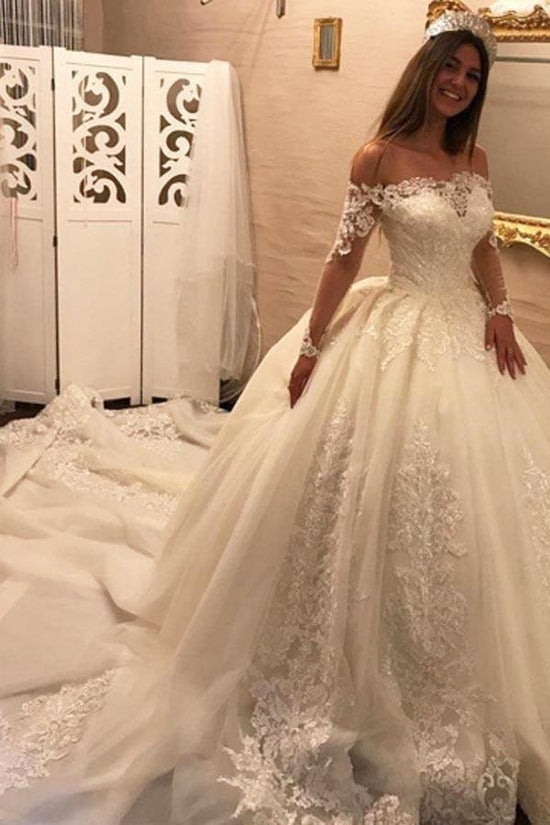 Luxury Long Ball Gown Off the Shoulder Chapel Train Appliques Wedding Dress with Sleeves-BIZTUNNEL