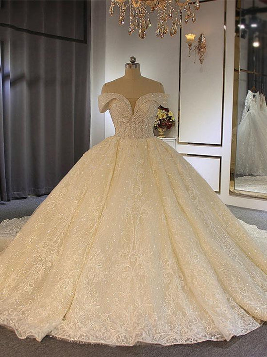Luxury Long Ball Gown Off-the-Shoulder Lace Tulle Wedding Dresses with Beading-BIZTUNNEL