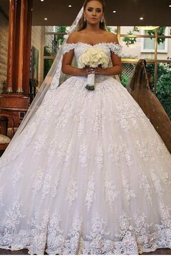 Luxury Long Ball Gown Off-the-shoulder Lace Wedding Dress with Catheral Train-BIZTUNNEL
