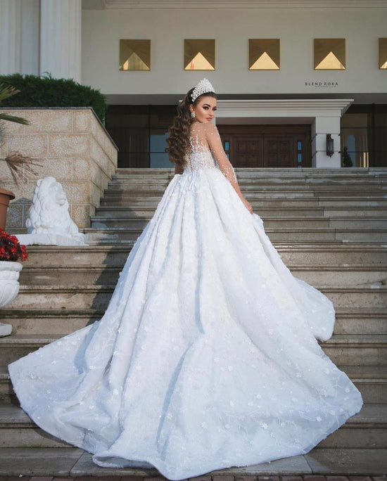 Luxury Long Ball Gown Sweeteart Beads Glitter Wedding Dress with Sleeves-BIZTUNNEL